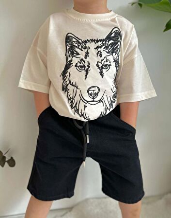 ERKEK ÇOCUK KURT MODELLİ KOT ŞORTLU PAMUK TAKIM