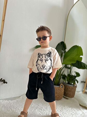 ERKEK ÇOCUK KURT MODELLİ KOT ŞORTLU PAMUK TAKIM