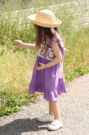 KIZ ÇOCUK PAMUK İŞLEMELİ SÜZENE ELBİSE