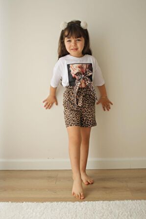 KIZ ÇOCUK LEOPAR DESENLİ PAMUK ŞORTLU TAKIM