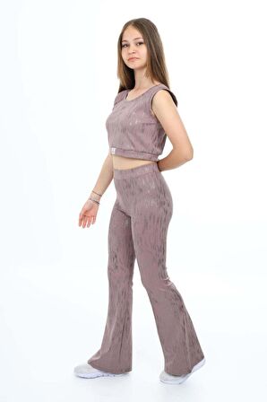 KIZ ÇOCUK KALIN ASKILI TİŞÖRT MODELLİ İSPANYOL PAÇA TAYTLI TAKIM