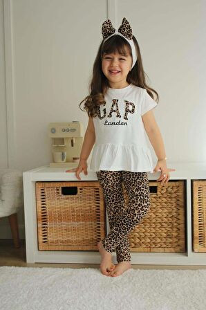 KIZ ÇOCUK LEOPAR TAYTLI KISA KOL TİŞÖRTLÜ PAMUK TAKIM