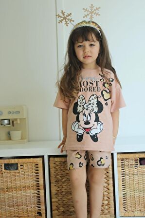 KIZ ÇOCUK MİCKEY LEOPAR MODELLİ PAMUK ŞORTLU TAKIM