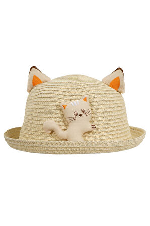 KIZ ÇOCUK 24710-03 KEDİ FÜGÜRLÜ HASIR ŞAPKA