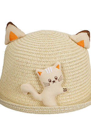 KIZ ÇOCUK 24710-03 KEDİ FÜGÜRLÜ HASIR ŞAPKA