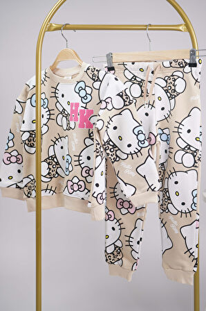 KIZ ÇOCUK OKULA DÖNÜŞ SIFIR YAKA HELLO KİTTY ÇİÇEK DESENLİ PAMUK EŞOFMAN TAKIMI