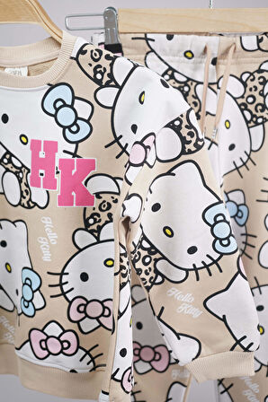 KIZ ÇOCUK OKULA DÖNÜŞ SIFIR YAKA HELLO KİTTY ÇİÇEK DESENLİ PAMUK EŞOFMAN TAKIMI