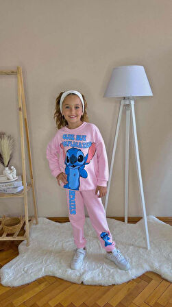 KIZ ÇOCUK STITCH MODELLİ BİSİKLET YAKA PAMUK EŞOFMAN TAKIMI
