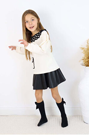 KIZ ÇOCUK YAKA MODELLİ CEPLİ DERİ ETEKLİ TAKIM