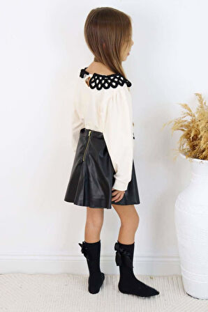 KIZ ÇOCUK YAKA MODELLİ CEPLİ DERİ ETEKLİ TAKIM