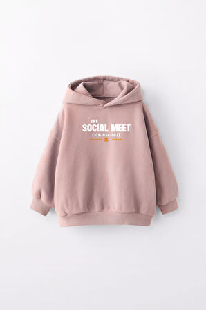 KIZ ÇOCUK SOCIAL MEET BASKILI KAPÜŞONLU MANŞETLİ SWEATSHİRT