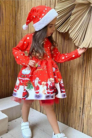 YILBAŞI TEMALI KIZ ÇOCUK UZUN KOL NOEL ŞAPKA HEDİYELİ SCUBA KUMAŞ ELBİSE