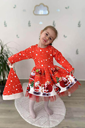 YILBAŞI TEMALI KIZ ÇOCUK UZUN KOL NOEL ŞAPKA HEDİYELİ SCUBA KUMAŞ ELBİSE