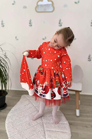 YILBAŞI TEMALI KIZ ÇOCUK UZUN KOL NOEL ŞAPKA HEDİYELİ SCUBA KUMAŞ ELBİSE