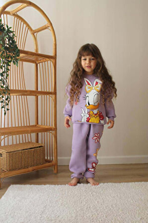 KIZ ÇOCUK BAMBİ VE DUFFY DUCK MODELLİ 3 İPLİK ŞARDONLU KALIN KIŞLIK EŞOFMAN TAKIMI