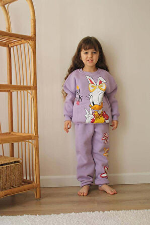 KIZ ÇOCUK BAMBİ VE DUFFY DUCK MODELLİ 3 İPLİK ŞARDONLU KALIN KIŞLIK EŞOFMAN TAKIMI
