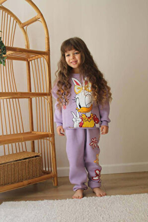 KIZ ÇOCUK BAMBİ VE DUFFY DUCK MODELLİ 3 İPLİK ŞARDONLU KALIN KIŞLIK EŞOFMAN TAKIMI