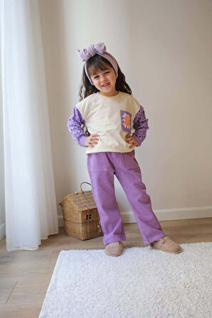 KIZ ÇOCUK KOL TRİKO MODELLİ PUNCH İŞLEMELİ GABARDİN PANTOLONLU 2Lİ TAKIM