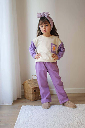 KIZ ÇOCUK KOL TRİKO MODELLİ PUNCH İŞLEMELİ GABARDİN PANTOLONLU 2Lİ TAKIM