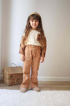 KIZ ÇOCUK KOL TRİKO MODELLİ PUNCH İŞLEMELİ GABARDİN PANTOLONLU 2Lİ TAKIM