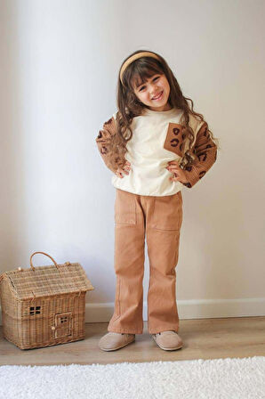 KIZ ÇOCUK KOL TRİKO MODELLİ PUNCH İŞLEMELİ GABARDİN PANTOLONLU 2Lİ TAKIM