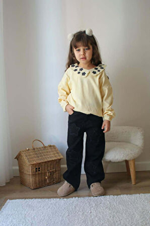 KIZ ÇOCUK YAKALI YILDIZ NAKIŞLI GABARDİN PANTOLON 2Lİ TAKIM