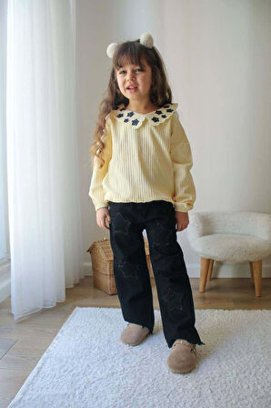 KIZ ÇOCUK YAKALI YILDIZ NAKIŞLI GABARDİN PANTOLON 2Lİ TAKIM