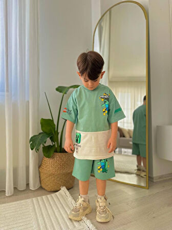 ERKEK ÇOCUK MİNECRAFTT MODELLİ BASKILI ŞORTLU PAMUK TAKIM