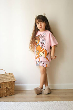 KIZ ÇOCUK CEYLAN MODELLİ BASKILI ŞORTLU PAMUK TAKIM