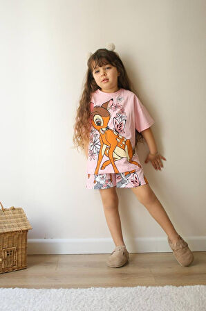 KIZ ÇOCUK CEYLAN MODELLİ BASKILI ŞORTLU PAMUK TAKIM