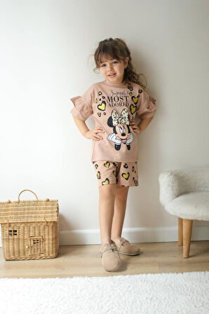 KIZ ÇOCUK KARAKTER MODELLİ BASKILI ŞORTLU PAMUK TAKIM