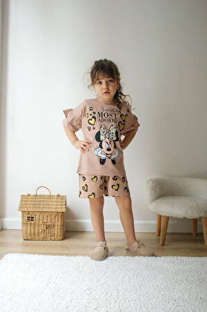 KIZ ÇOCUK KARAKTER MODELLİ BASKILI ŞORTLU PAMUK TAKIM