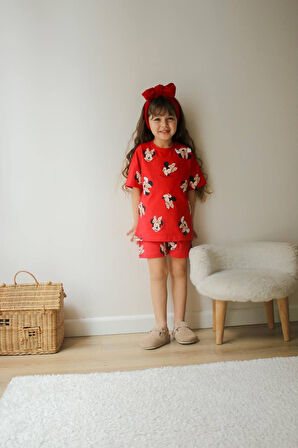 KIZ ÇOCUK KARAKTER MODELLİ BASKILI ŞORTLU PAMUK TAKIM