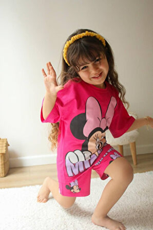 KIZ ÇOCUK KARAKTER MODELLİ BASKILI ŞORTLU PAMUK TAKIM