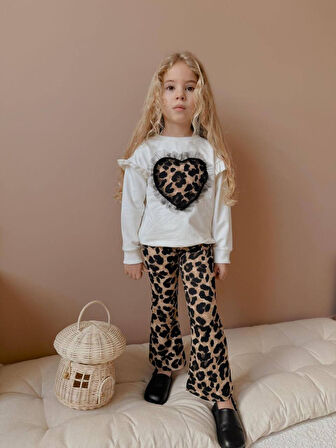 KIZ ÇOCUK KALP MODELLİ TÜL DETAYLI LEOPAR İSPANYOL PAÇA TAYTLI TAKIM