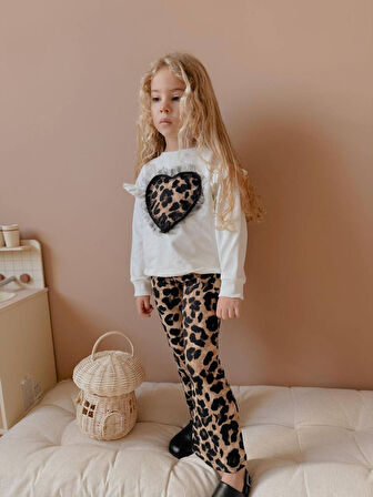 KIZ ÇOCUK KALP MODELLİ TÜL DETAYLI LEOPAR İSPANYOL PAÇA TAYTLI TAKIM