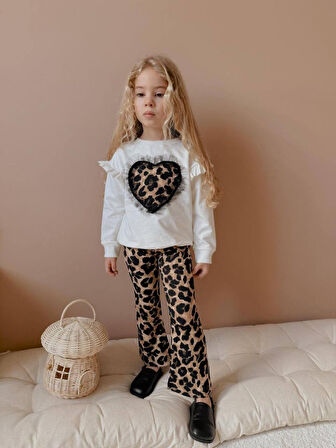 KIZ ÇOCUK KALP MODELLİ TÜL DETAYLI LEOPAR İSPANYOL PAÇA TAYTLI TAKIM