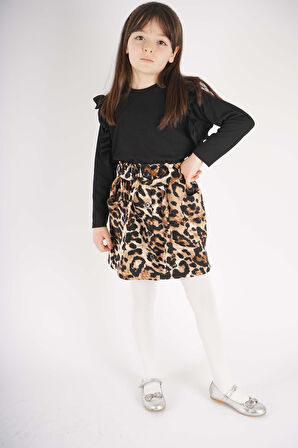 KIZ ÇOCUK LEOPAR CEP MODEL ETEKLİ KOL DETAYLI TAKIM