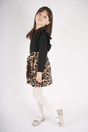 KIZ ÇOCUK LEOPAR CEP MODEL ETEKLİ KOL DETAYLI TAKIM