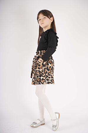 KIZ ÇOCUK LEOPAR CEP MODEL ETEKLİ KOL DETAYLI TAKIM