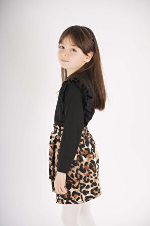 KIZ ÇOCUK LEOPAR CEP MODEL ETEKLİ KOL DETAYLI TAKIM