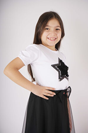 23 NİSAN 29 EKİM KONSEPT YILDIZ PULLU TÜL DETAYLI KUYRUK TÜL ETEKLİ TAKIM