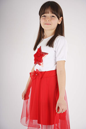 23 NİSAN 29 EKİM KONSEPT YILDIZ PULLU TÜL DETAYLI KUYRUK TÜL ETEKLİ TAKIM