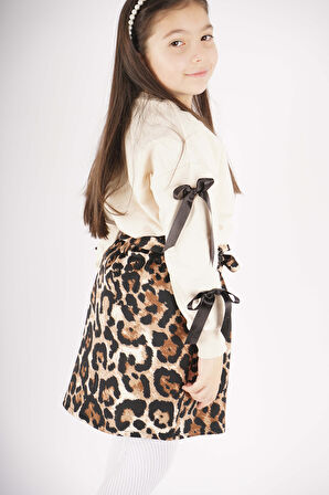 KIZ ÇOCUK LEOPAR CEP MODEL ETEKLİ KOL DETAYLI TAKIM