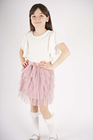 KIZ ÇOCUK 23 NİSAN TÜL ETEKLİ KISA KOL İKİLİ TAKIM