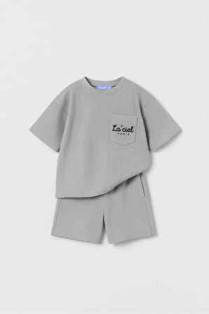 LACİEL PARİS BASKILI GOFRE CEP DETAYLI ŞORTLU PAMUK TAKIM