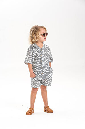 LACİEL PARİS KETEN GÖMLEKLİ DESENLİ ERKEK ÇOCUK  ŞORTLU TAKIM