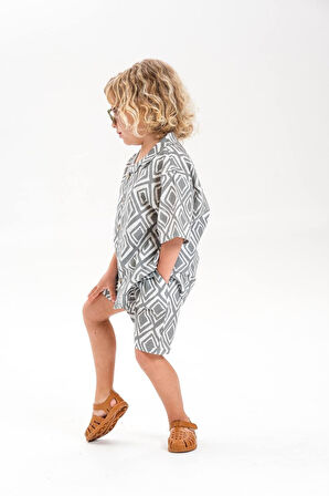 LACİEL PARİS KETEN GÖMLEKLİ DESENLİ ERKEK ÇOCUK  ŞORTLU TAKIM