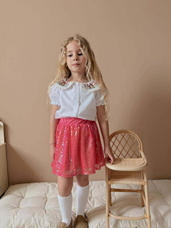 KIZ ÇOCUK KISA KOL GÖMLEKLİ PULLU ETEKLİ BAYRAMLIK TAKIM