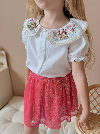 KIZ ÇOCUK KISA KOL GÖMLEKLİ PULLU ETEKLİ BAYRAMLIK TAKIM